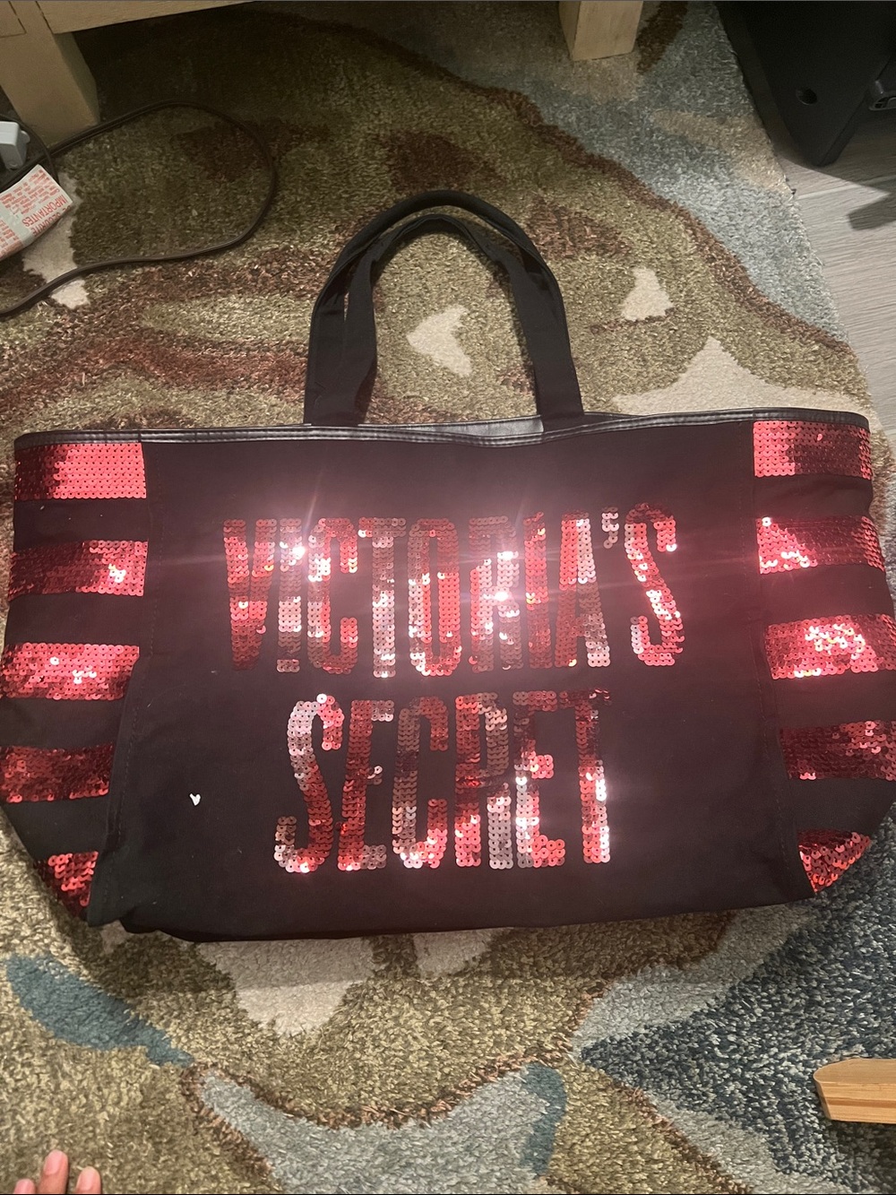 Victoria's Secret Black Tote with Red Sequin Logo and Stripes